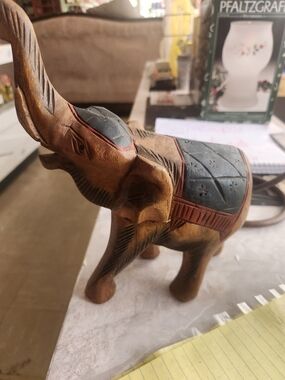 Hand-Carved Wooden Elephant Statue in Brown and Black